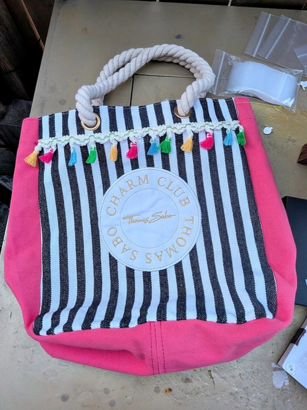 Thomas Sabo Charm Club Striped Canvas Beach Bag Tote Pink Tassel